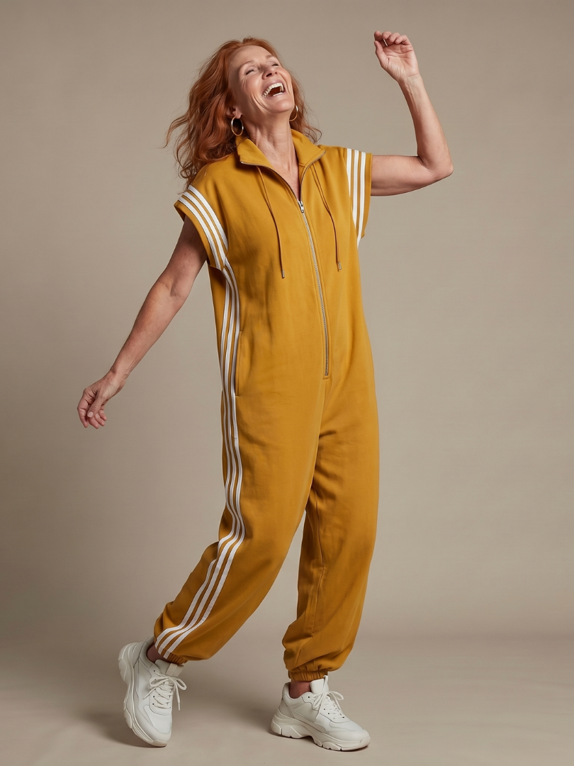 Chic women's striped panel jumpsuit with a zip front, wide leg design & comfortable relaxed fit.