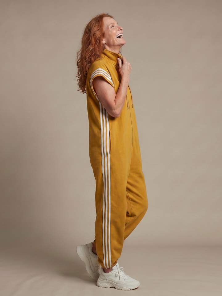 Fashionable women's elegant jumpsuit: zip front, full length, striped panels & flowy wide leg.