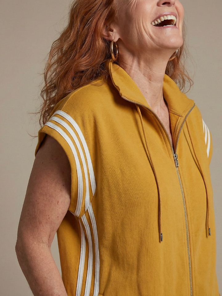 Women's relaxed fit jumpsuit, cap sleeve, zip front, striped panel & stylish wide leg for comfort.