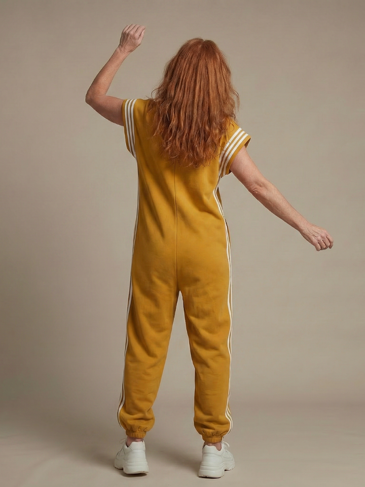 Elegant women's full-length jumpsuit, striped panel, zip front, wide leg – perfect for any occasion.