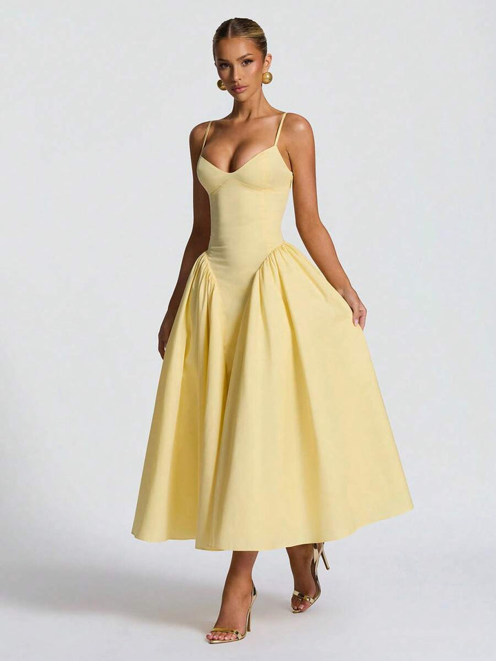 Chic yellow A-line midi dress for women. Comfortable & elegant formal dress, perfect for wedding guests & events.