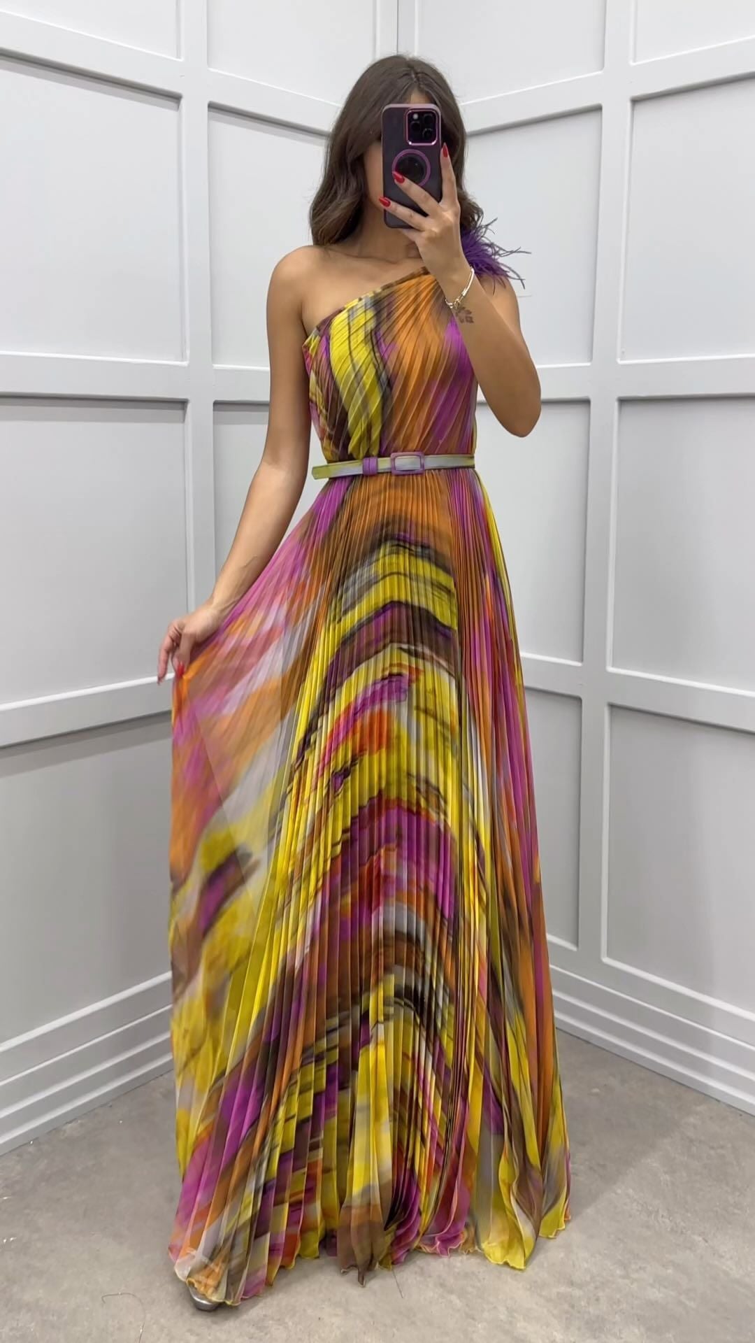 Women's elegant asymmetric strap pleated maxi dress, a stylish sleeveless formal dress for wedding guests.