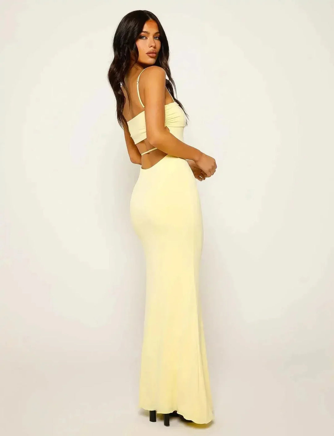 Sleeveless yellow formal bodycon maxi dress for parties