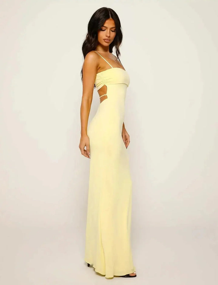 Chic yellow backless evening gown, perfect for formal events