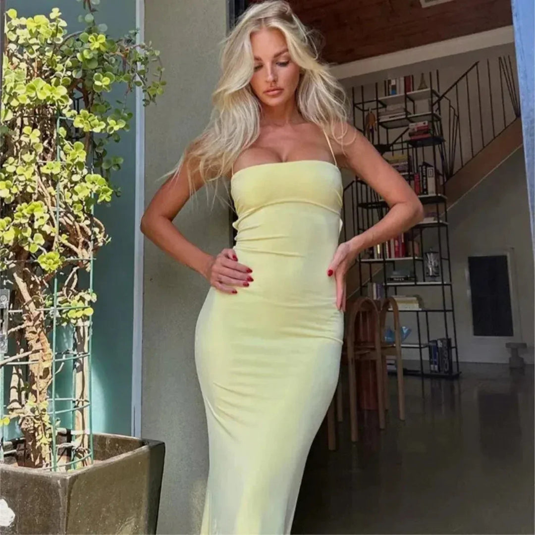 Floor-length yellow party dress, featuring a flattering bodycon fit