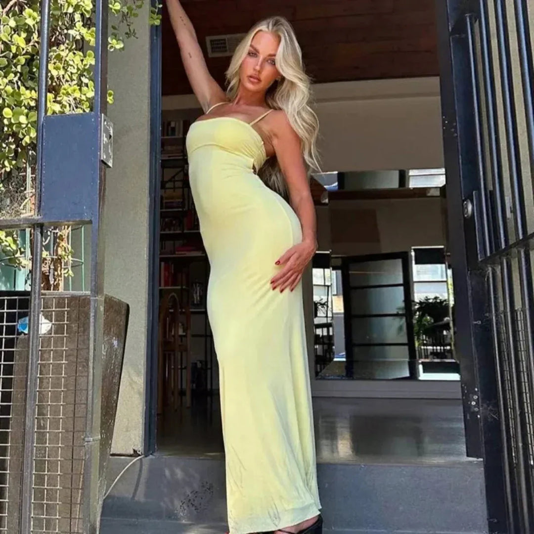 Sophisticated yellow sleeveless maxi dress for elegant occasions