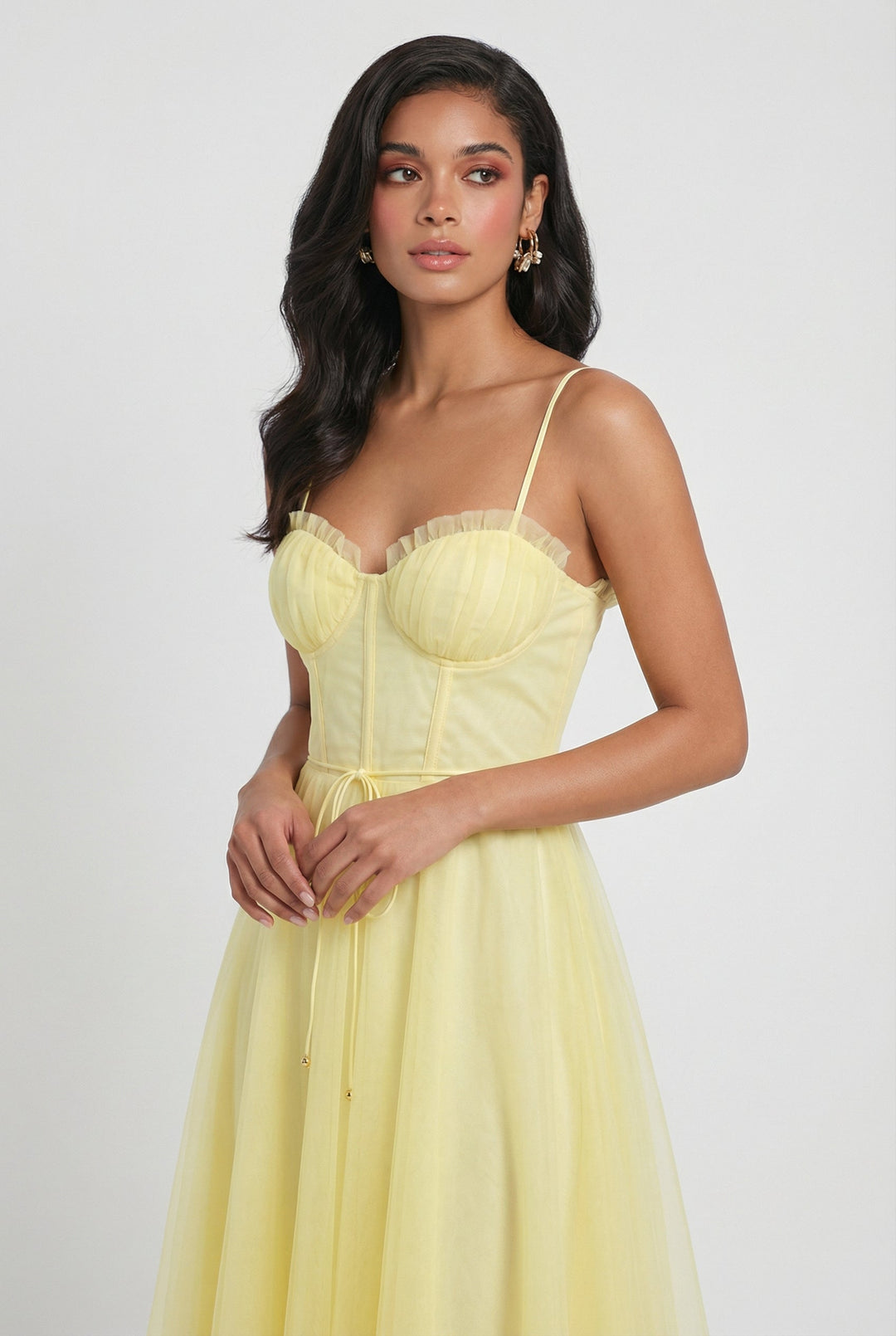 Chic women's yellow corset midi dress, ideal for weddings, parties, and formal events.