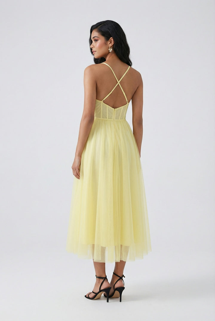 Stunning yellow occasion dress featuring a structured corset bodice and a graceful midi length.