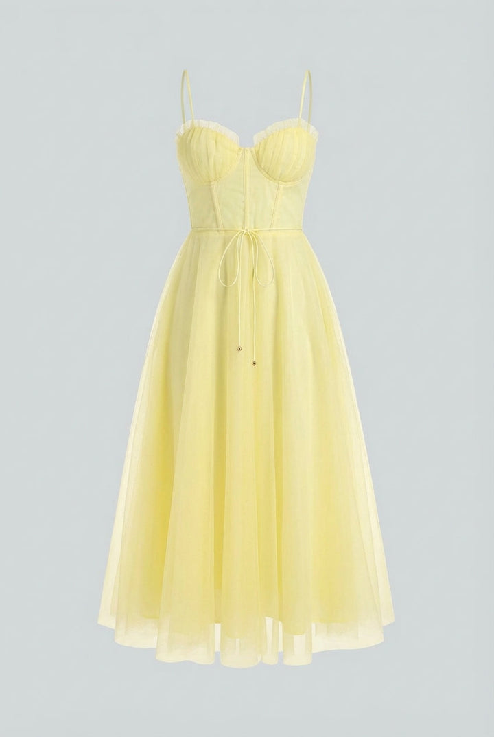 Summer-ready yellow midi dress with corset detailing, a sophisticated choice for any event.