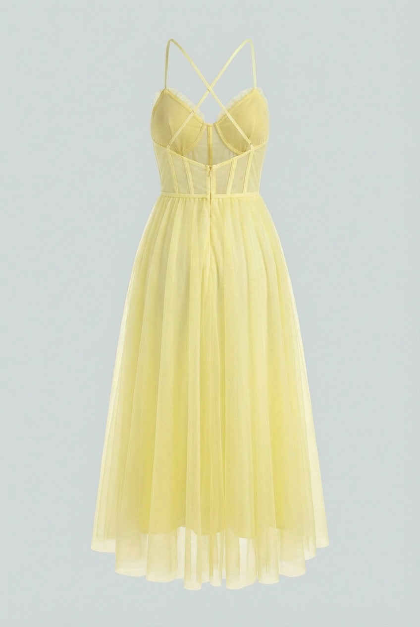 A beautiful yellow formal dress with a corset design and elegant midi skirt for special celebrations.