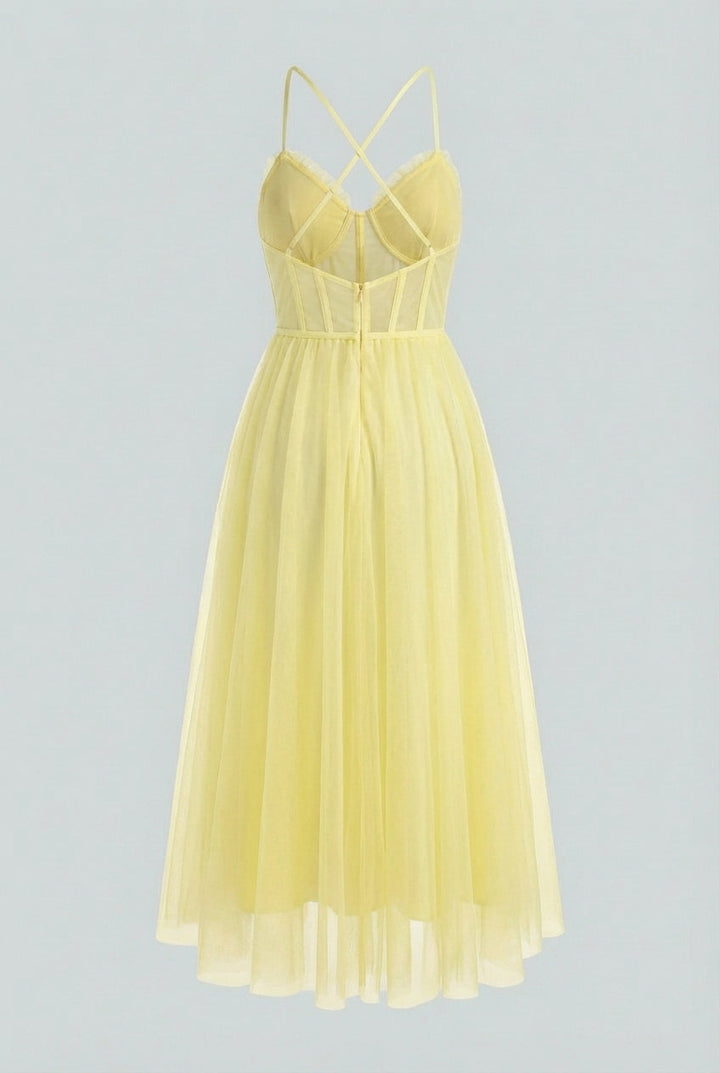 A beautiful yellow formal dress with a corset design and elegant midi skirt for special celebrations.