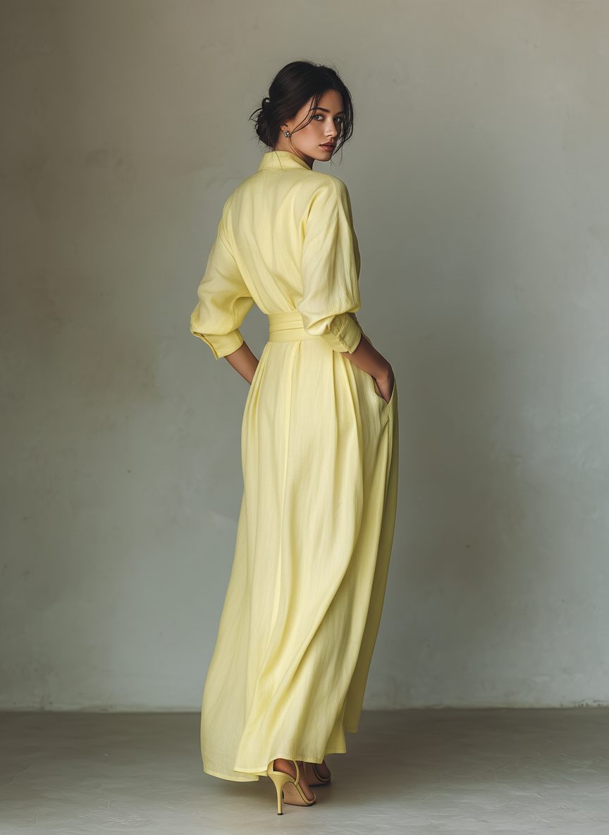 Comfortable yellow women's maxi shirt dress, featuring an elegant tie-waist & half sleeves. Versatile summer day wear.