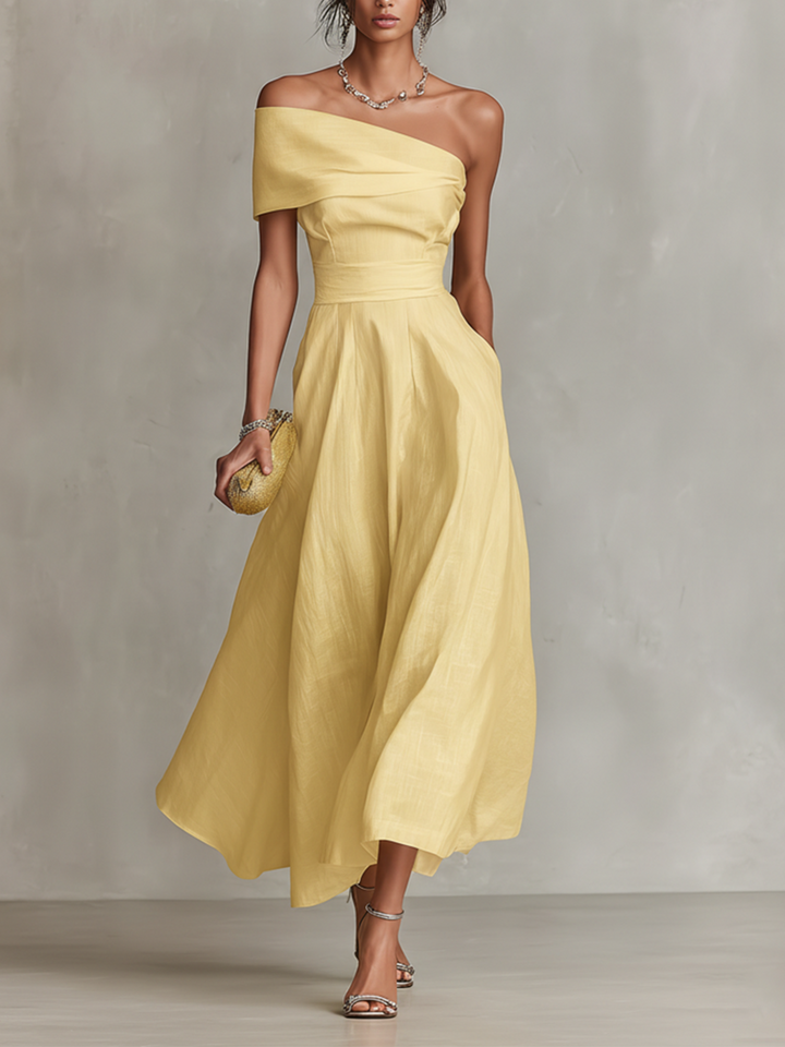 Elegant yellow one-shoulder maxi dress for women, perfect for evening wear, parties, or special occasions.
