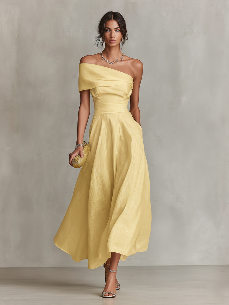 Formal women's one-shoulder maxi dress in a vibrant yellow, ideal for summer evenings and elegant parties.