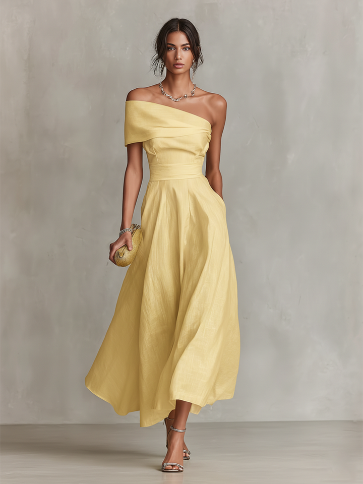 Formal women's one-shoulder maxi dress in a vibrant yellow, ideal for summer evenings and elegant parties.
