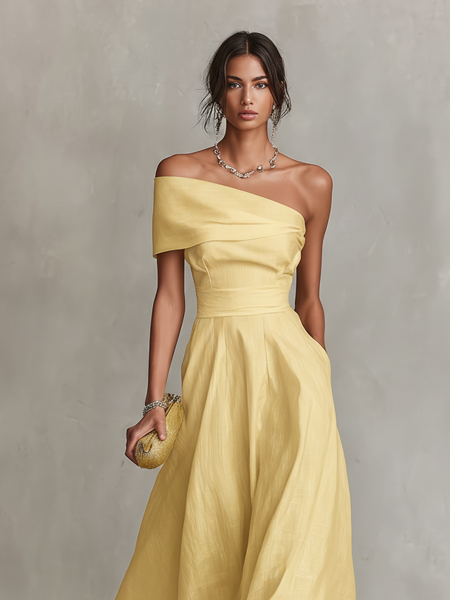 Sophisticated one-shoulder maxi dress for women, yellow, designed for formal events, evening parties & special occasions.