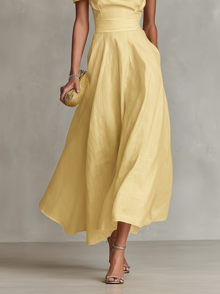 Women's elegant yellow one-shoulder maxi dress, ideal evening wear for formal events & summer parties.