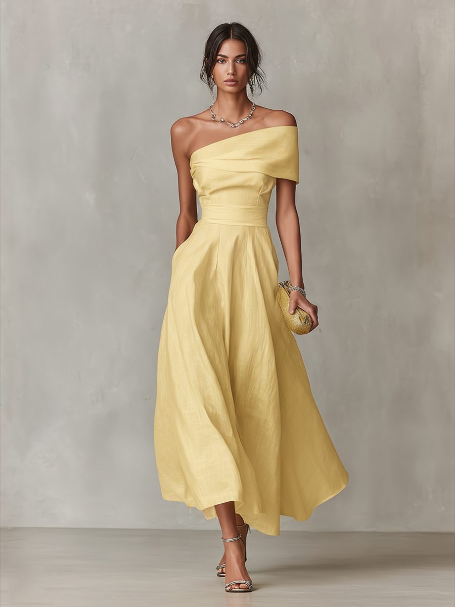 Women's formal one-shoulder midi dress in yellow, ideal for summer weddings or elegant special events.