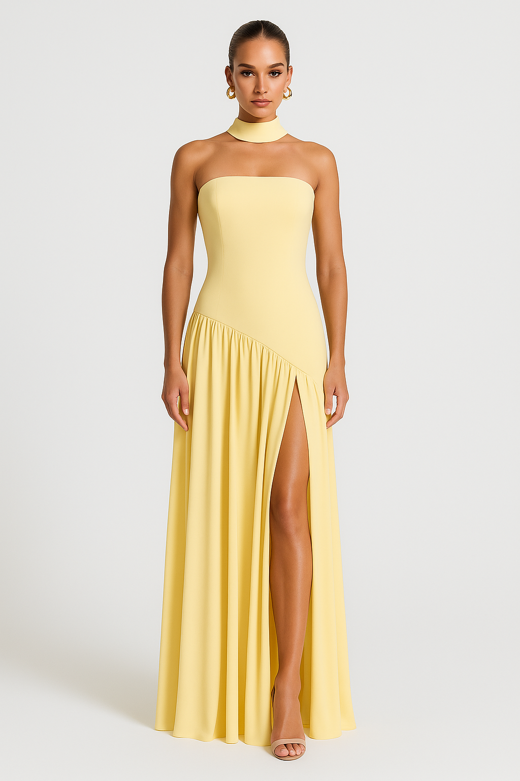 Elegant yellow strapless maxi dress for women with a high slit, perfect for formal events, parties, or special occasions.