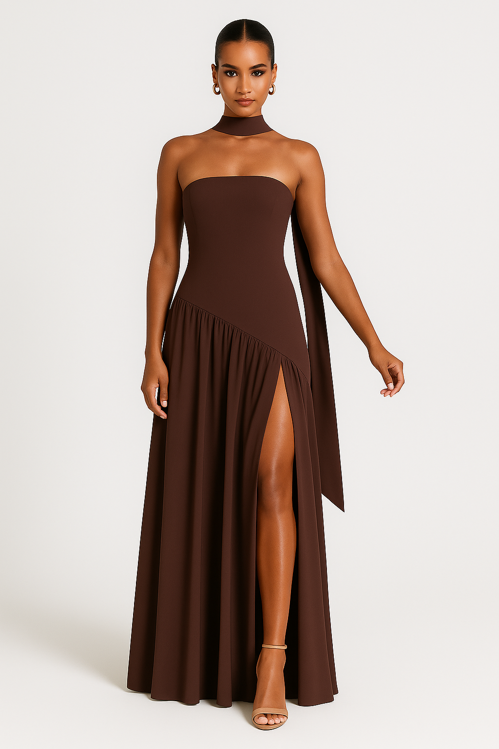 Sophisticated brown strapless maxi dress for women, an elegant evening gown with a high slit for special occasions.