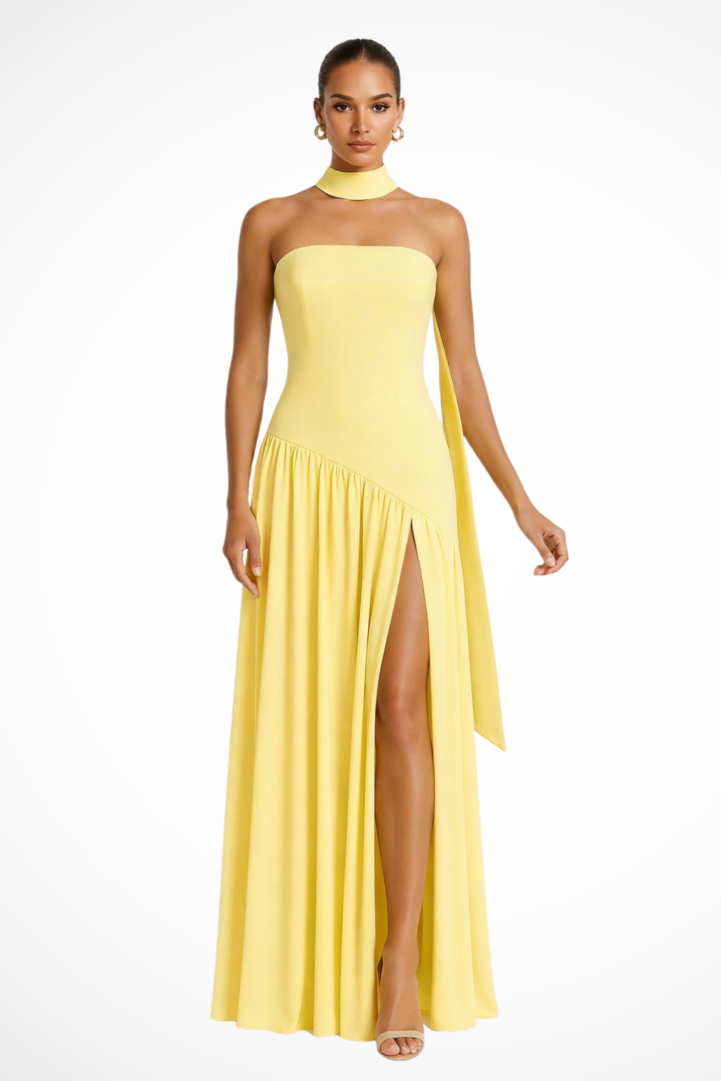 Elegant yellow strapless maxi dress with a side slit. Perfect formal evening gown for women, floor-length party wear.