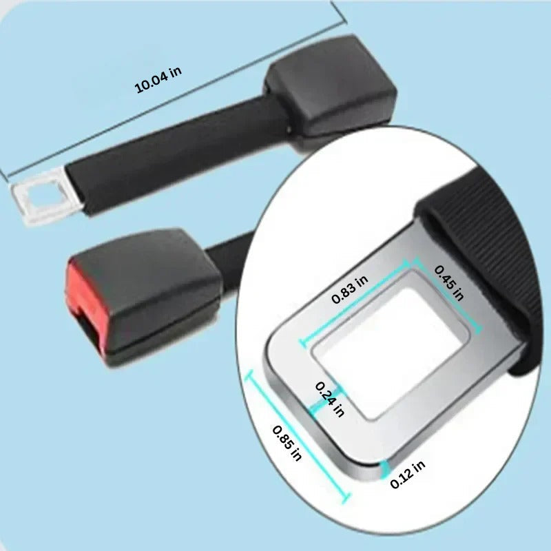 Car seat belt extender with elevated buckle shown installed in a vehicle, providing easy access & improved comfort.