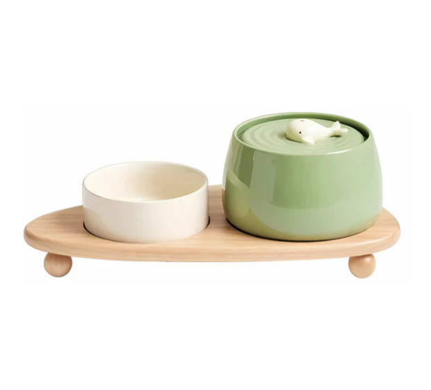 Non-slip elevated ceramic pet food bowls with a stable wooden stand, preventing spills.