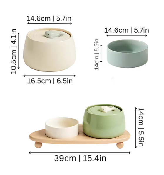 Elegant pet feeding station: elevated ceramic bowls supported by a stylish wooden stand for comfort.