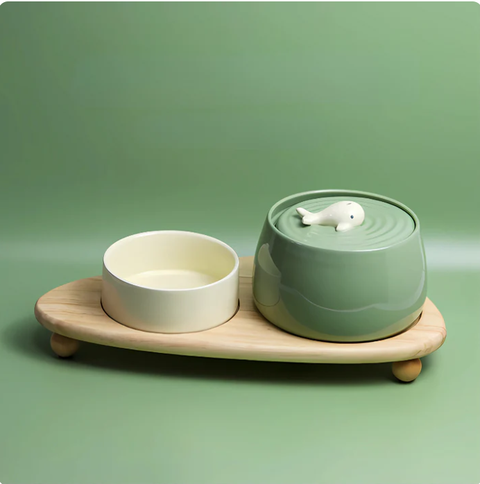 Modern elevated pet bowls on a wooden stand for cats & small dogs, promoting healthy digestion.
