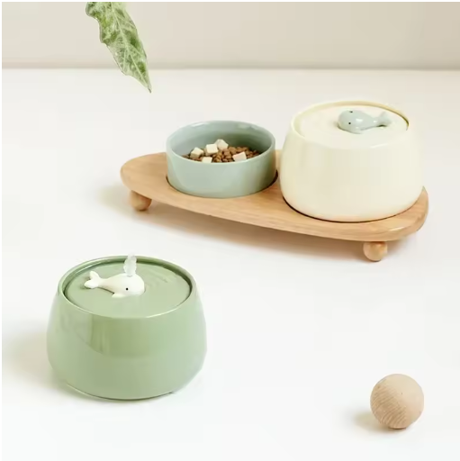 Ergonomic elevated pet feeder with two ceramic bowls and a durable wooden stand for dogs & cats.