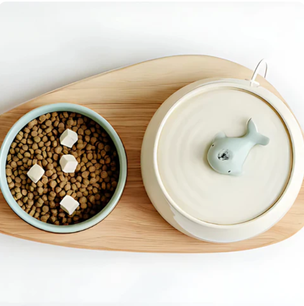 White ceramic elevated pet bowls set on a natural wood stand, offering a hygienic feeding solution.