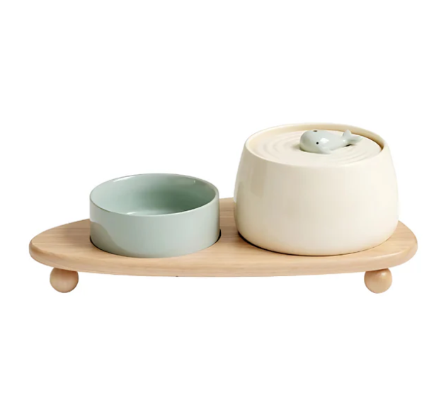 Healthy elevated ceramic pet bowls and water dispenser on a contemporary wooden stand for pets.