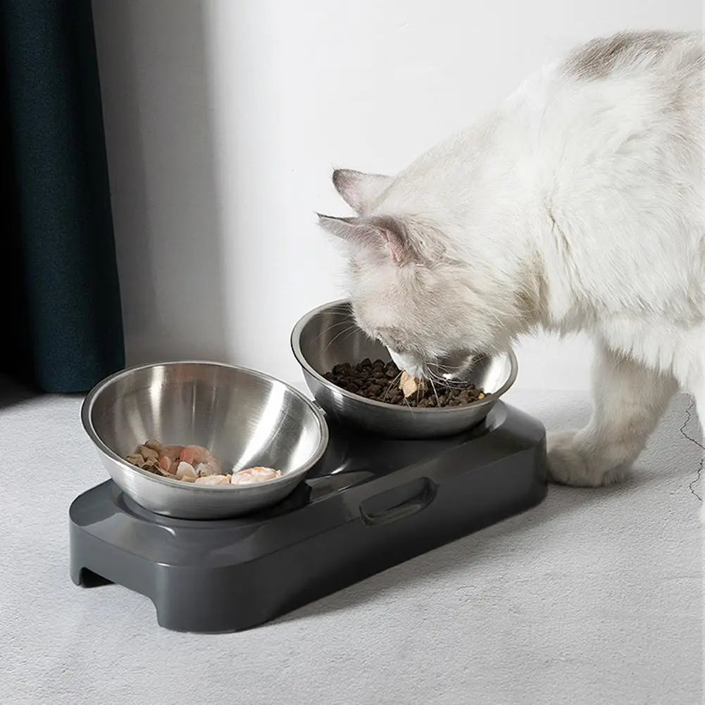 No-slip elevated double cat food and water bowl. Durable stainless steel design for pet comfort.