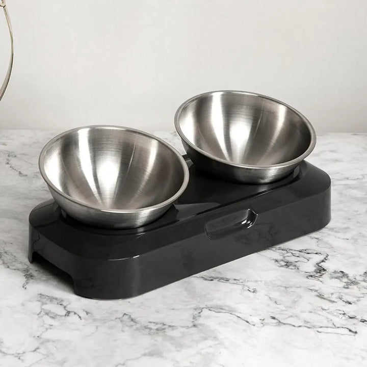 Stylish elevated pet feeder with two stainless steel bowls, promoting healthier posture for cats.
