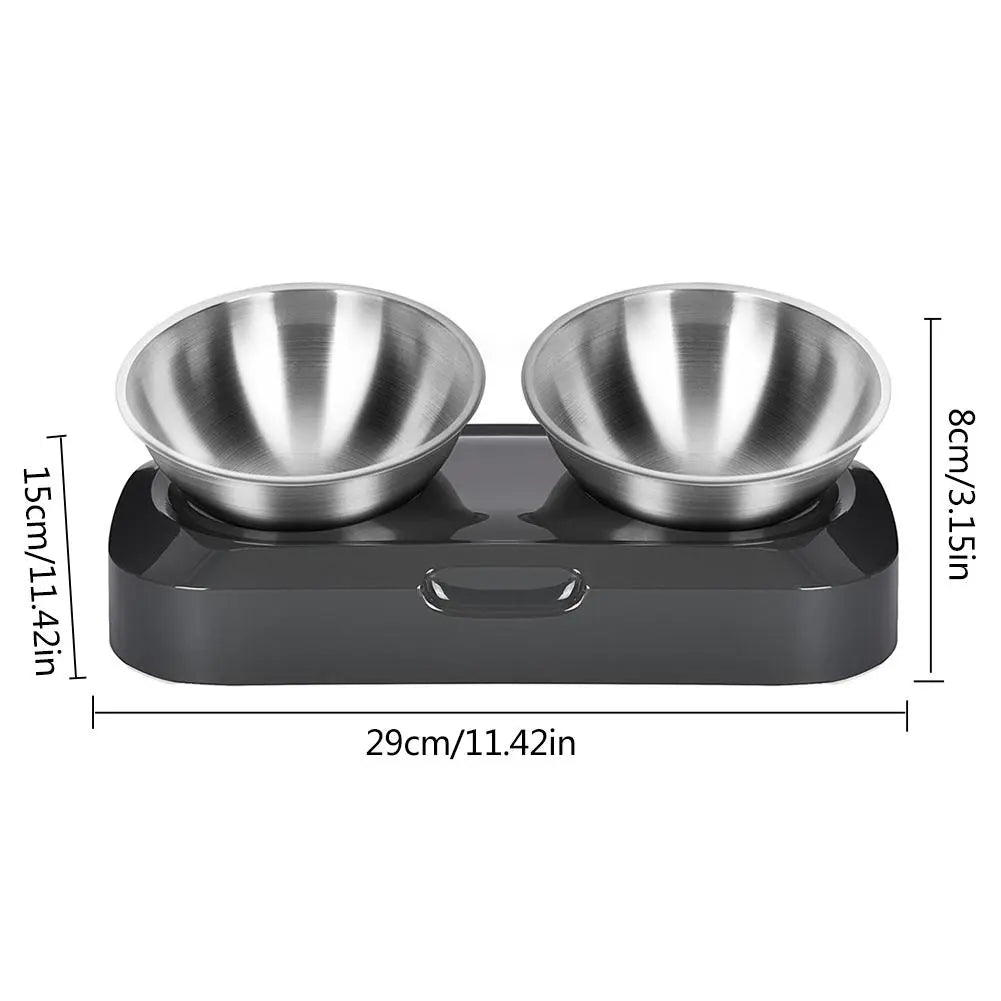 Double cat bowl on elevated stand. Stainless steel construction for hygienic pet food & water.