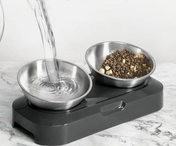 Premium elevated pet food dish with two removable stainless steel bowls, designed for cats.