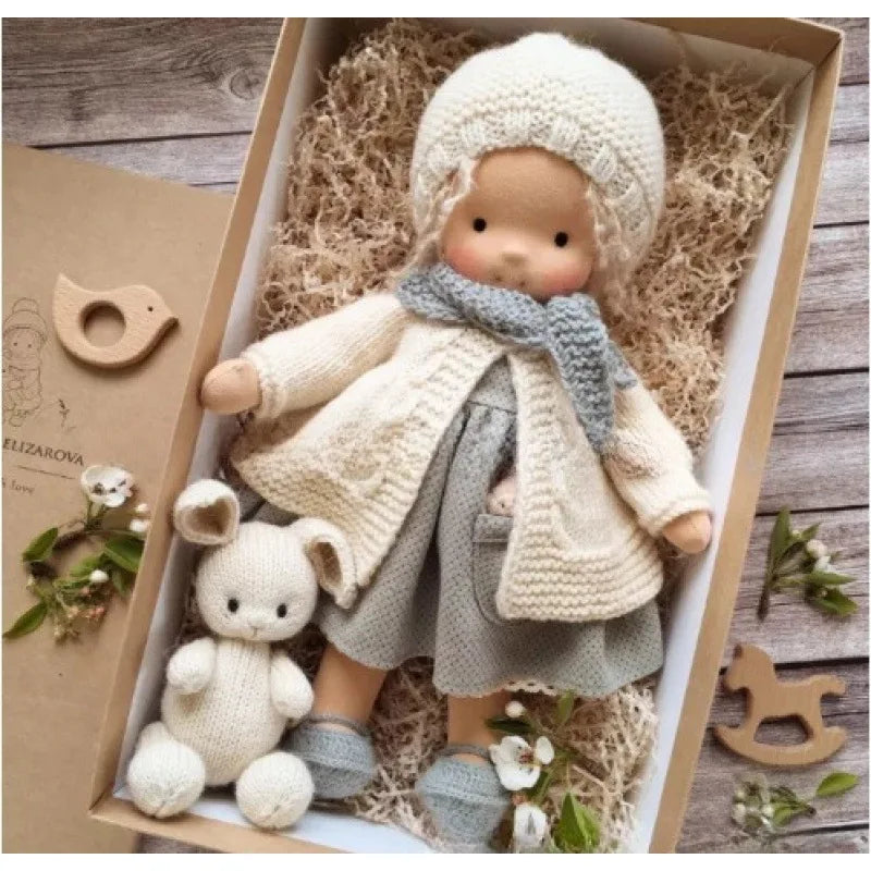 Elise handmade doll, showcasing its natural cotton fabric.
