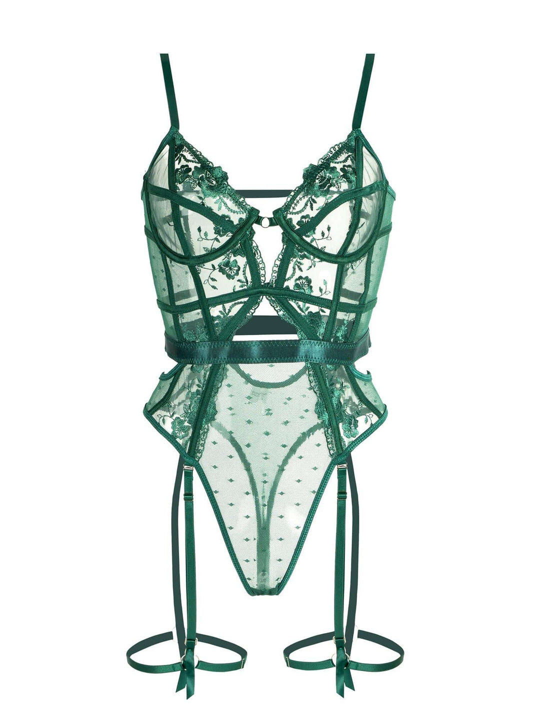 Adjustable emerald women's bodysuit with underwire support, elegant intimate lingerie for eveningwear & shaping.