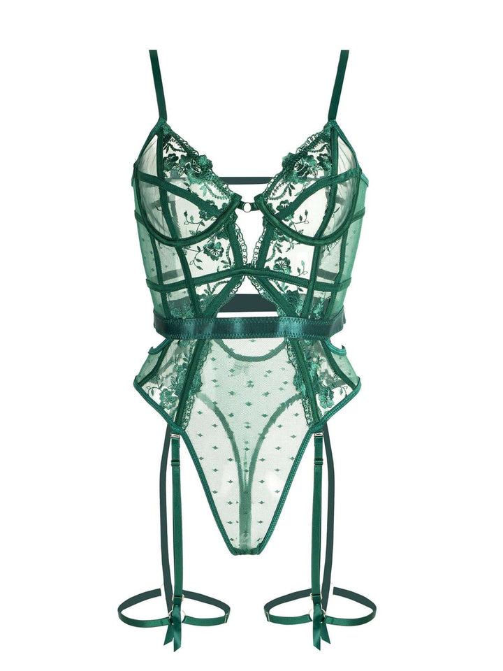 Adjustable emerald women's bodysuit with underwire support, elegant intimate lingerie for eveningwear & shaping.