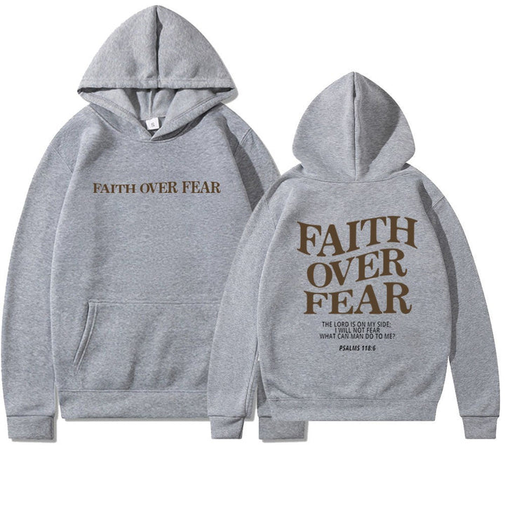 Full-length view of Women's Faith Over Fear graphic hoodie, a comfortable & empowering streetwear pullover.