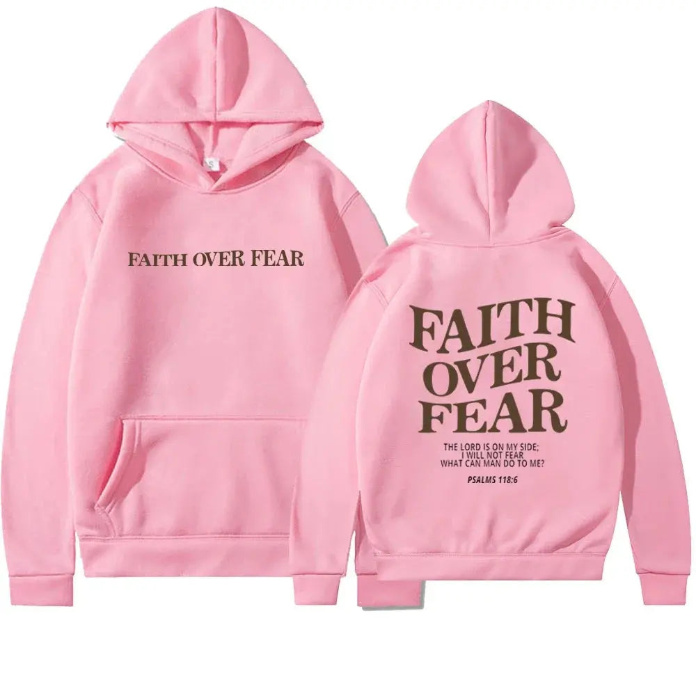 Back print of Women's Faith Over Fear graphic hoodie. Motivational & spiritual apparel with a relaxed fit.