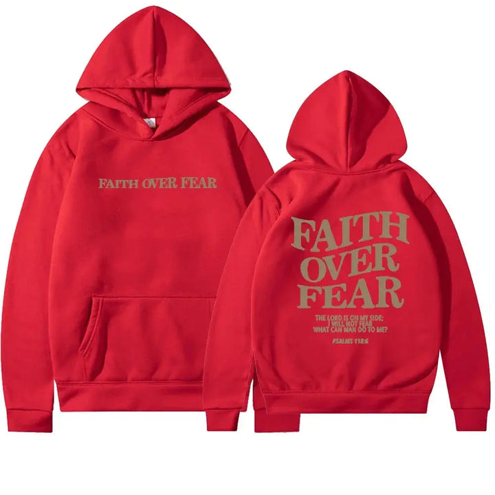 Detail of hood & front pocket on comfortable Women's Faith Over Fear graphic hoodie. Relaxed fit pullover.