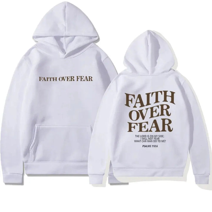 Soft fabric texture of Women's Faith Over Fear graphic hoodie, ensuring comfortable casual & spiritual wear.