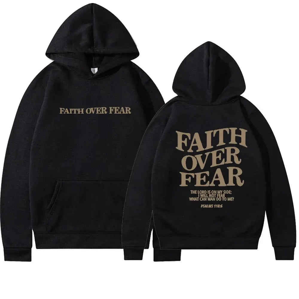 Motivational Women's Faith Over Fear graphic hoodie. Empowering spiritual apparel for daily inspiration.