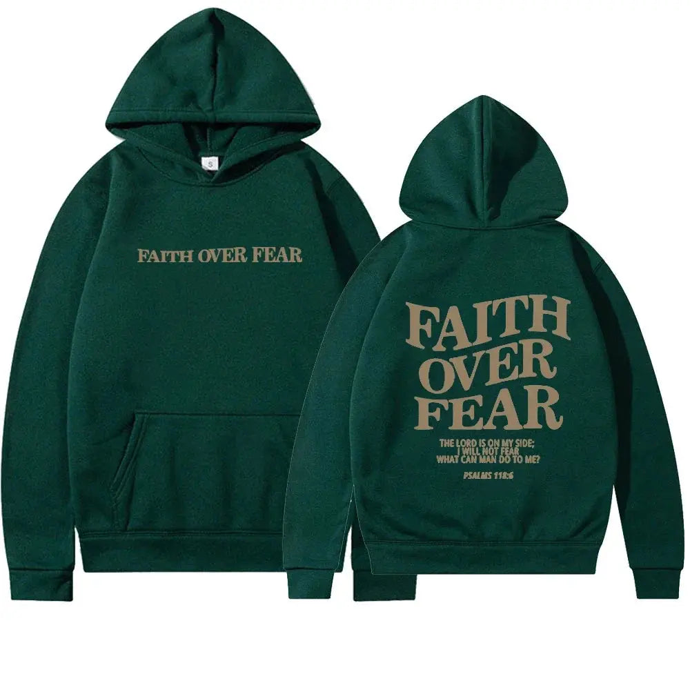 Classic pullover Women's Faith Over Fear graphic hoodie. Inspirational & comfortable spiritual apparel.