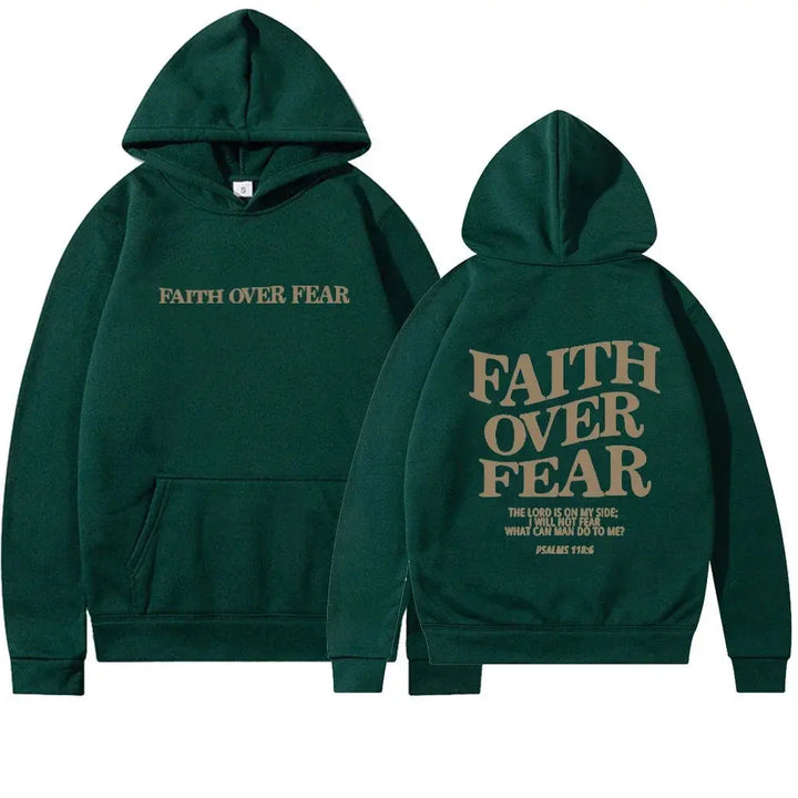 Classic pullover Women's Faith Over Fear graphic hoodie. Inspirational & comfortable spiritual apparel.