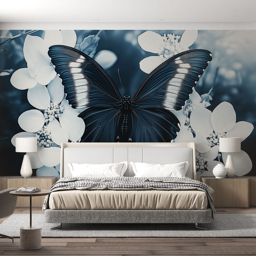Enchanting blue butterfly & floral wall mural wallpaper with dogwood design. Peel & stick, removable nature wall art.