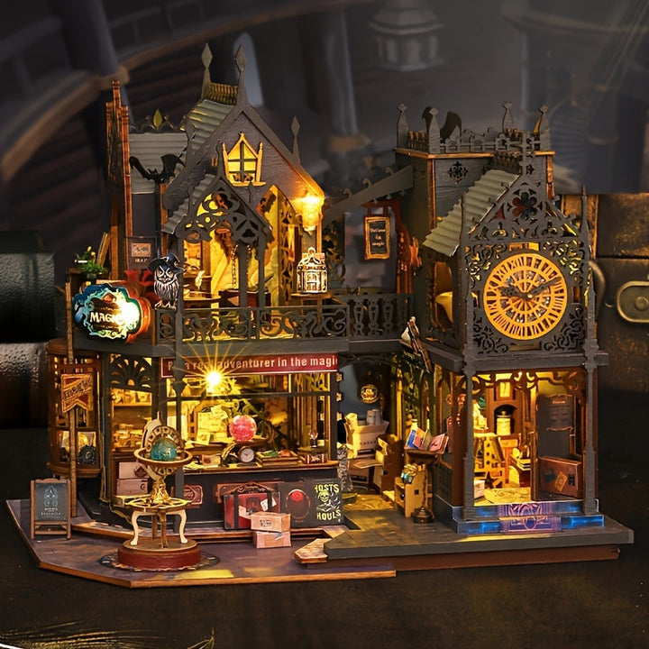 Enchanting Book House 3D wooden puzzle with LED lighting, intricate details. Perfect DIY craft kit & book nook.