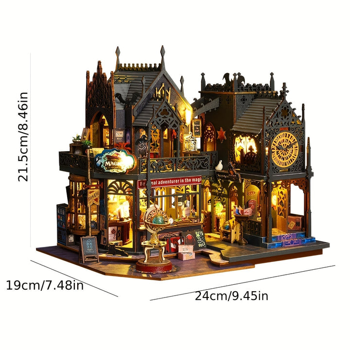 Magical Enchanting Book House 3D wooden puzzle glowing with warm LED lights, a cozy miniature book nook display.