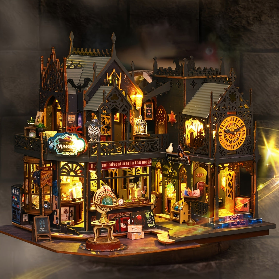 Detailed Enchanting Book House 3D wooden puzzle, a DIY craft kit for adults, featuring tiny furniture & LED illumination.